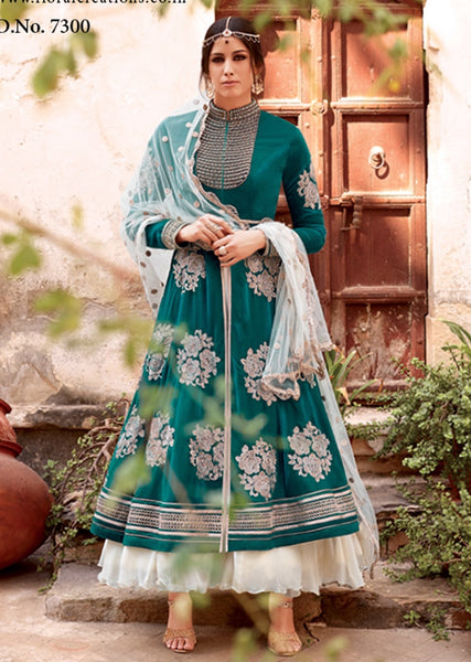 ULTRAMARINE GREEN FLORAL WINTER WEDDING GOWN - Asian Party Wear