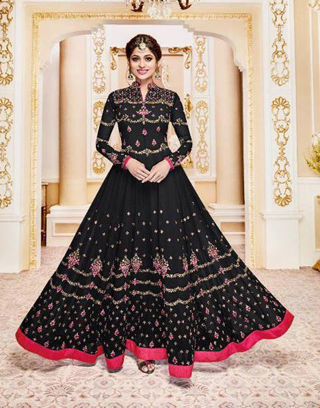 BLACK WEDDING WEAR SEMI STITCHED ANARKALI DRESS - Asian Party Wear