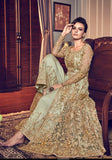 GREEN HEAVY EMBROIDERED INDIAN WEDDING SLIT STYLE NET DRESS - Asian Party Wear