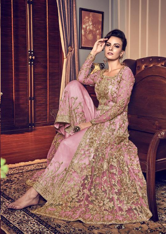 ROSE PINK INDO WESTERN SLIT STYLE NET DRESS ROSE PINK INDO WESTERN SLIT STYLE NET DRESS