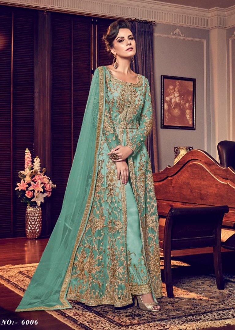 TEAL GREEN INDIAN HEAVY EMBROIDERED PARTY WEAR SLIT DRESS TEAL GREEN INDIAN HEAVY EMBROIDERED PARTY WEAR SLIT DRESS