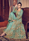 TEAL GREEN INDIAN HEAVY EMBROIDERED PARTY WEAR SLIT DRESS - Asian Party Wear