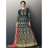 TEAL GREEN GULZAR INDIAN DESIGNER ANARKALI GOWN - Asian Party Wear