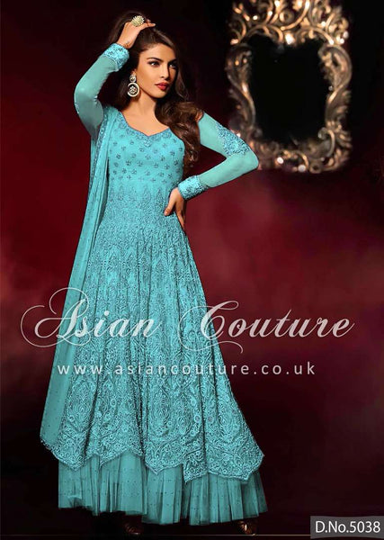 HR5038-D LIGHT BLUE HEROINE PRIYANKA CHOPRA ANARKALI STYLE DRESS - Asian Party Wear