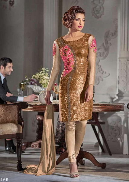 HR5119-C GOLD HEROINE PRIYANKA CHOPRA STRAIGHT CUT DRESS - Asian Party Wear