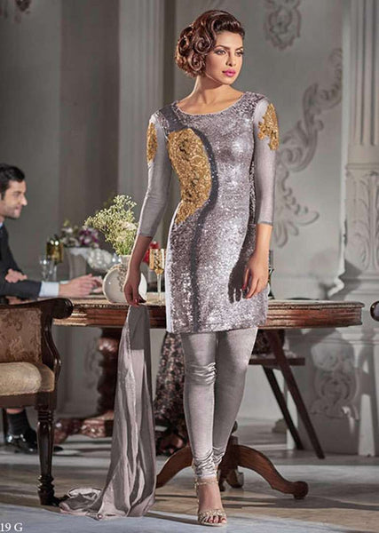 ZHR5119-F SILVER HEROINE PRIYANKA CHOPRA STRAIGHT CUT DRESS - Asian Party Wear