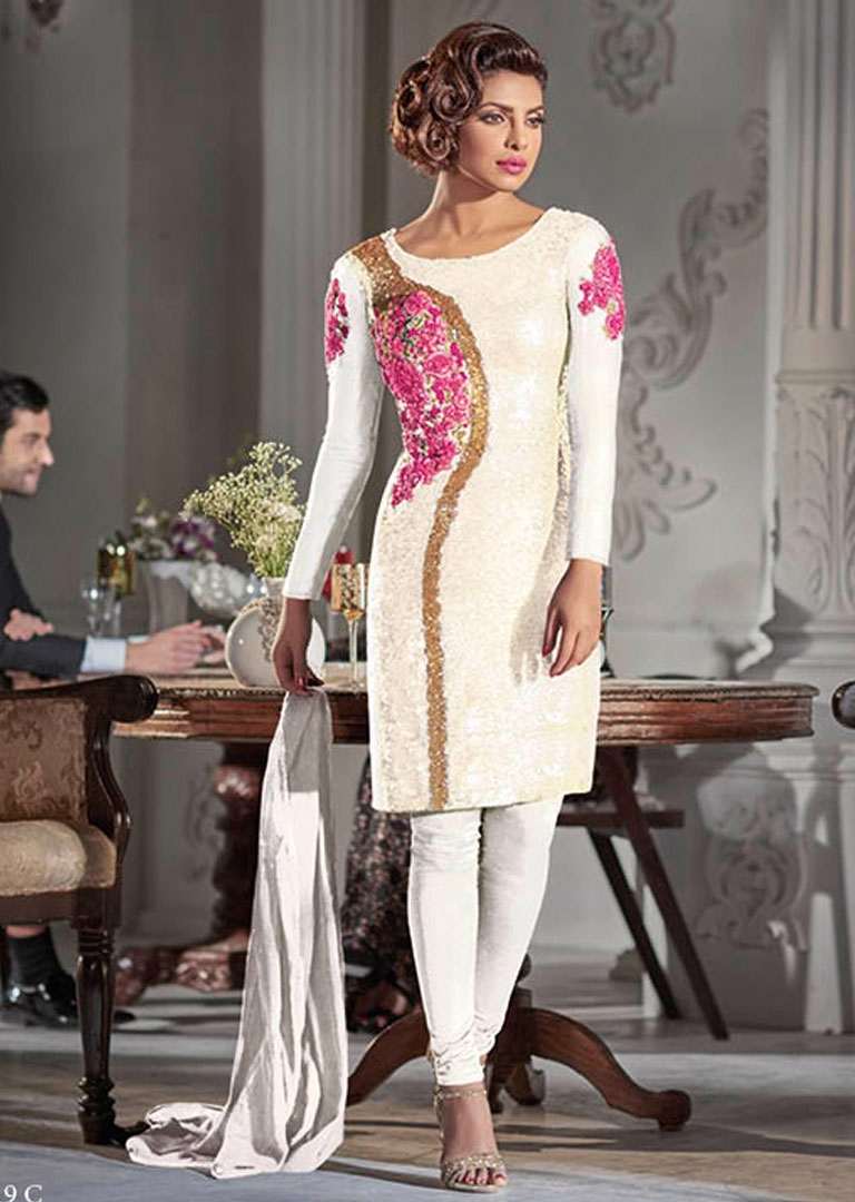 HR5119-B WHITE HEROINE PRIYANKA CHOPRA STRAIGHT CUT DRESS