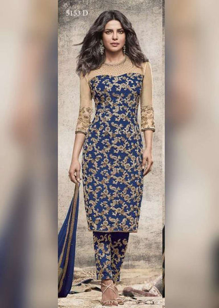 ZHR5153-C SAILOR BLUE HEROINE STARDIVA PRIYANKA CHOPRA GEORGETTE STRAIGHT CUT SUIT - Asian Party Wear