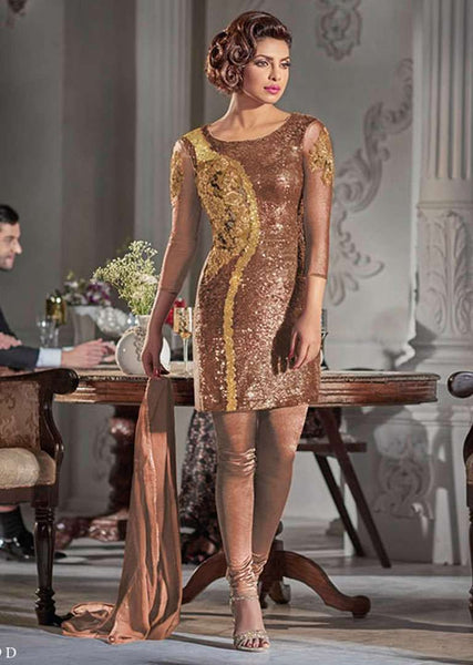 ZHR5119-A BROWN HEROINE PRIYANKA CHOPRA STRAIGHT CUT DRESS - Asian Party Wear