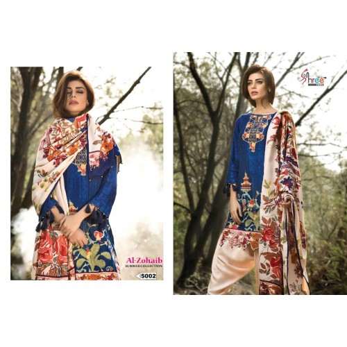 5002 LAPIS BLUE ALI ZOHAIB GLAZED COTTON SALWAR KAMEEZ SUIT - Asian Party Wear