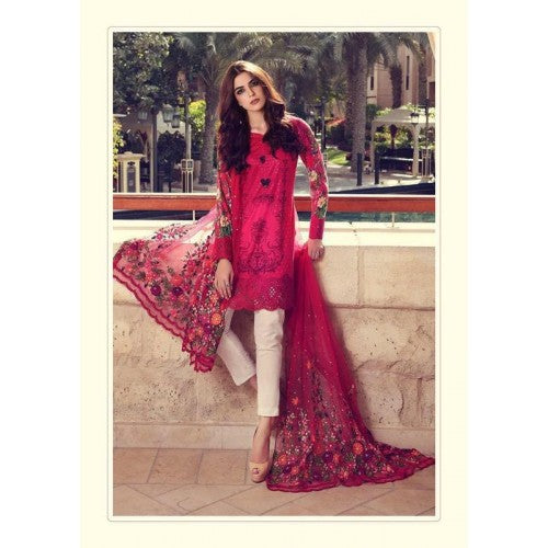 ZMB55001 DARK PINK MARIA B LAWN EMBROIDERED AND PRINTED PAKISTANI STYLE READY MADE SUIT - Asian Party Wear