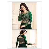 17001-B GREEN GLOSSY SIMAR HEAVY EMBROIDERED ANARKALI STYLE GOWN - Asian Party Wear