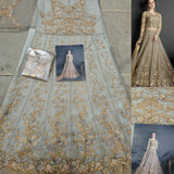 SILVER GREY HEAVY EMBROIDERED INDIAN WEDDING GOWN SEMI-STITCHED ( DELIVERY IN 2 WEEKS ) - Asian Party Wear