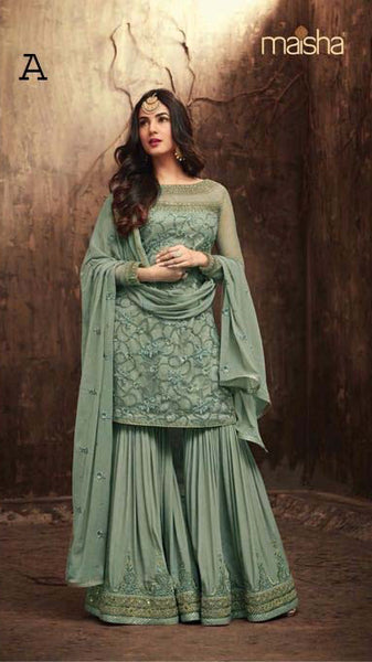 GREEN INDIAN WEDDING SHARARA GHARARA SUIT SEMI STITCHED ( DELIVERY IN 2 WEEKS ) - Asian Party Wear