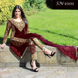 STUNNING VELVET WINTER WEAR EMBROIDERED GOLD BORDER SUIT ( IN STOCK TODAY  ) - Asian Party Wear