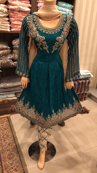 TEAL CHIFFON EMBROIDERED PAKISTANI STYLE READYMADE SUIT - Asian Party Wear