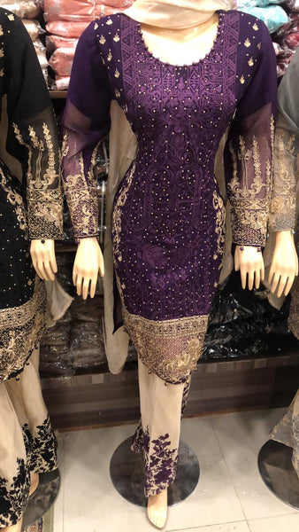 PURPLE CHIFFON EMBROIDERED PAKISTANI STYLE READYMADE SALWAR KAMEEZ - Asian Party Wear