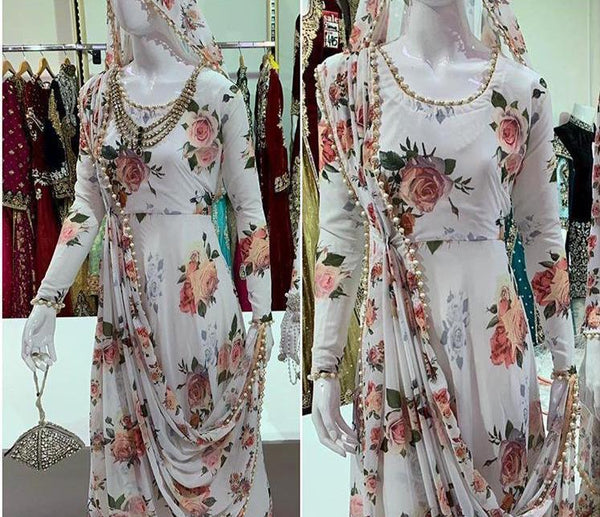 WhIte Women Designer Floral 3D Dress - Asian Party Wear