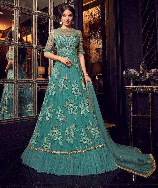 TURQUOISE PARTY WEAR HEAVY WORK DESIGNER ANARKALI GOWN - Asian Party Wear