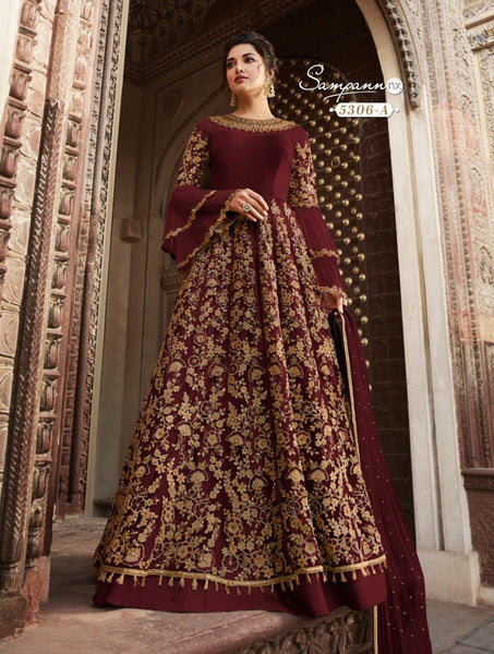 MAROON DESIGNER EMBROIDERED WEDDING GOWN - Asian Party Wear