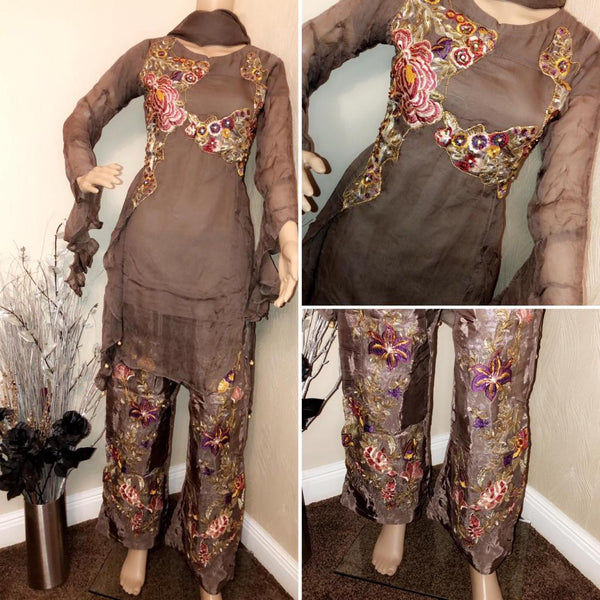 BROWN BRONZE CHIFFON EMBROIDERED SALWAR SUIT - Asian Party Wear