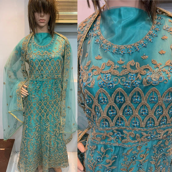 Turquoise Embroidered Indian Designer Anarkali Dress - Asian Party Wear