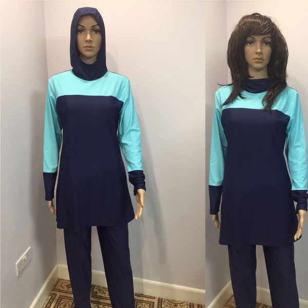 Women's Long Sleeve Muslim Islamic Full Cover Navy Blue Costume Modest Swimwear Burkini - Asian Party Wear