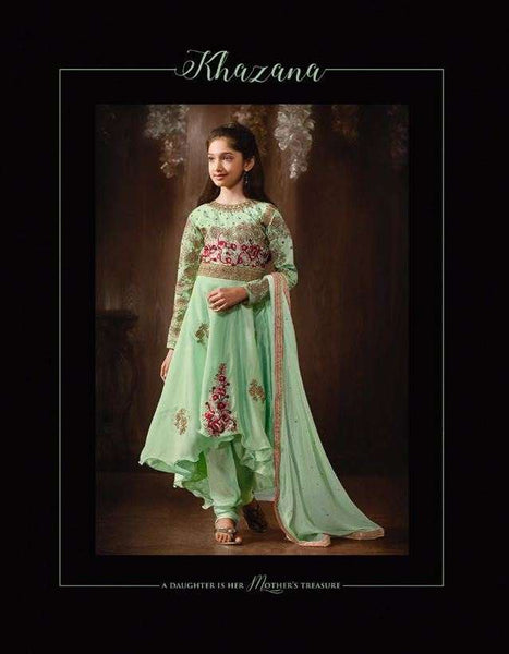 8077 GREEN PARTY WEAR SILK ANARKALI SUIT FOR GIRLS - Asian Party Wear