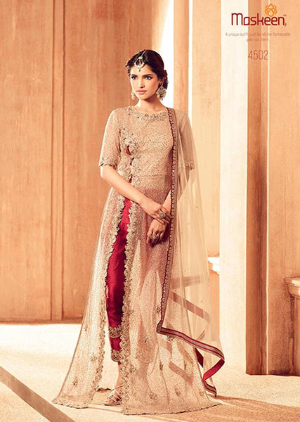 4502 BROWN AND RED MAISHA MASKEEN DESIGNER WEDDING WEAR FLOOR LENGTH DRESS - Asian Party Wear