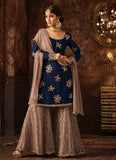 BLUE AND BEIGE INDIAN WEDDING GHARARA SEMI STITCHED SUIT (3 weeks delivery) - Asian Party Wear