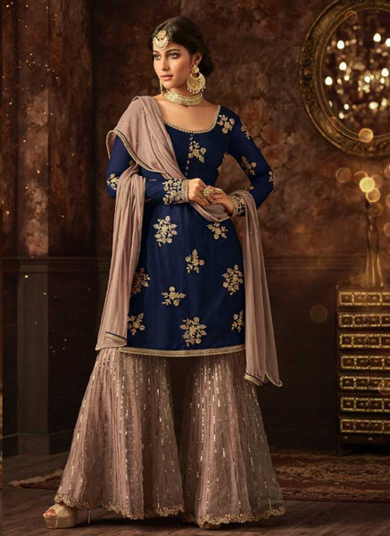 BLUE AND BEIGE INDIAN WEDDING GHARARA SEMI STITCHED SUIT (3 weeks delivery) - Asian Party Wear