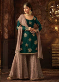 GREEN AND BEIGE INDIAN WEDDING GHARARA SEMI STITCHED SUIT (3 weeks delivery) - Asian Party Wear