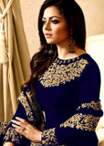 OYAL BLUE EMBROIDERED FLOOR LENGTH ANARKALI SUIT - Asian Party Wear