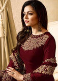 MAROON EMBROIDERED FLOOR LENGTH INDIAN ANARKALI SUIT - Asian Party Wear