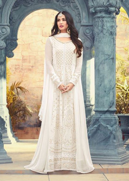 BRILLIANT WHITE INDIAN PAKISTANI PARTY WEAR ANARKALI DRESS - Asian Party Wear