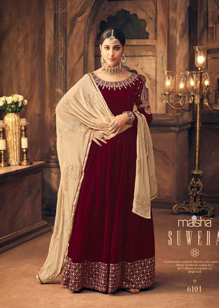 MAROON INDIAN DESIGNER FALKEN VELVET ANARKALI GOWN ( 2-3 weeks delivery ) - Asian Party Wear