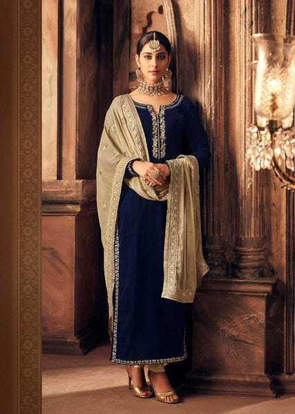 NAVY BLUE INDIAN DESIGNER FALKEN VELVET SALWAR SUIT ( 2-3 weeks delivery ) - Asian Party Wear