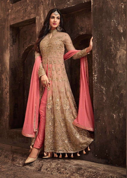 GOLD AND PINK EMBELLISHED FRONT OPEN SLIT STYLE GOWN (3 weeks delivery) - Asian Party Wear