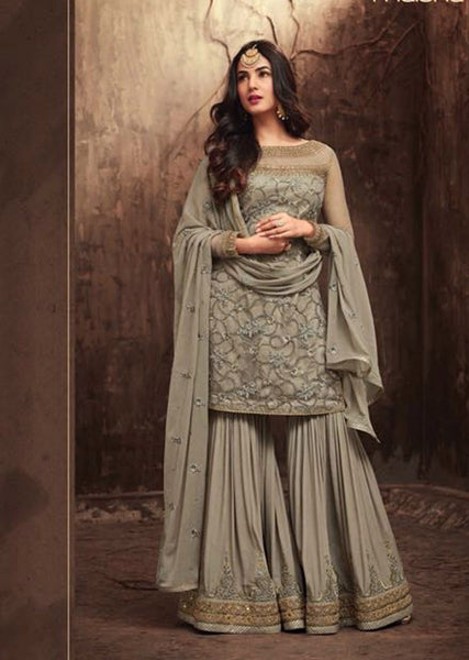 GREY DESIGNER SHARARA GHARARA SUIT - Asian Party Wear