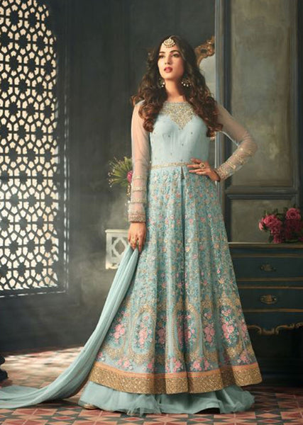 Sky Blue Indian Party Wear Asian Anarkali Wedding Bridal Dress - Asian Party Wear