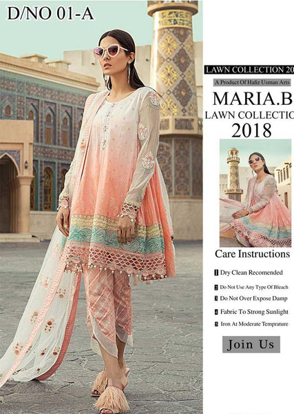 PEACH AND WHITE MARIA B LUXURY STRAIGHT SALWAR SUIT (NO FROCK) - Asian Party Wear