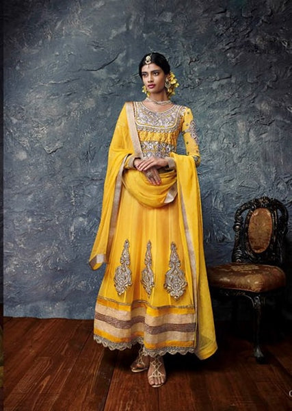 18 BRIGHT PRIMROSE YELLOW OMTEX GRANDIOSE WEDDING WEAR DRESS - Asian Party Wear