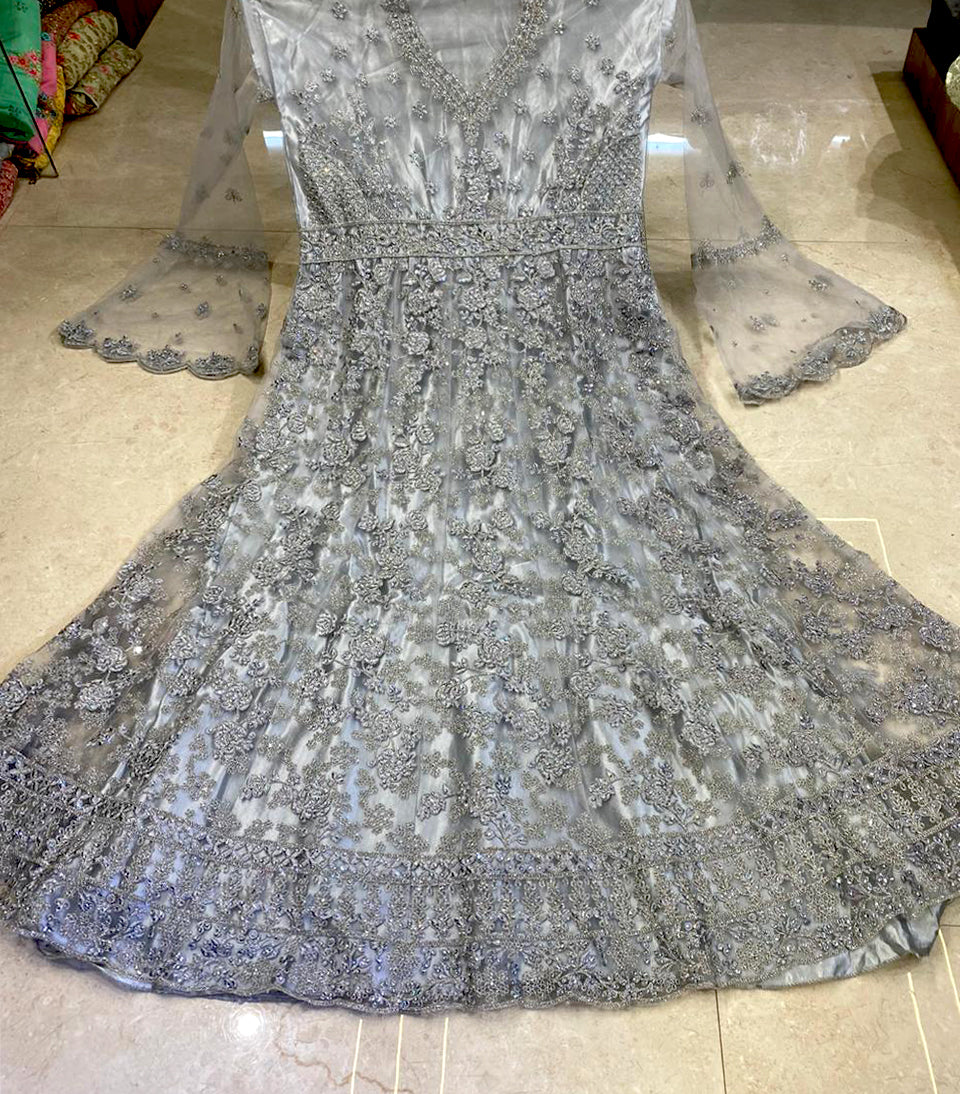 Silver Net Embroidered Metallic Gown Design by ROQA at Pernia's Pop Up Shop  2024