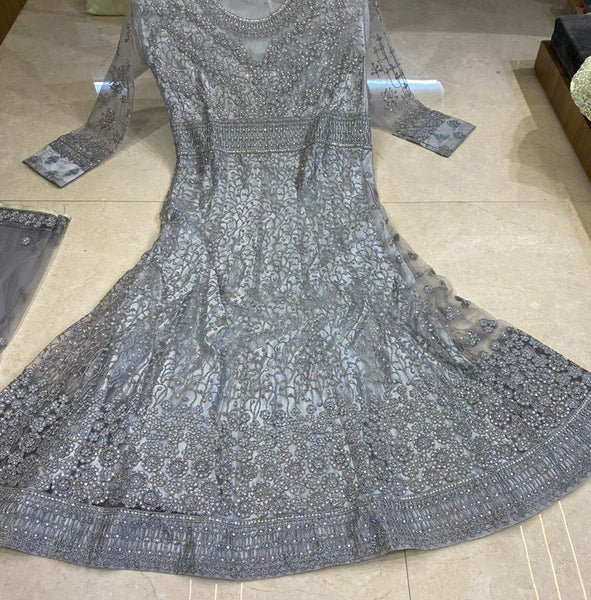 Grey Indian Designer Heavy Embroidered Wedding Gown - Asian Party Wear