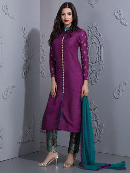 STYLISH PURPLE READYMADE SUIT WITH CONTRAST CAPRI TROUSERS - Asian Party Wear