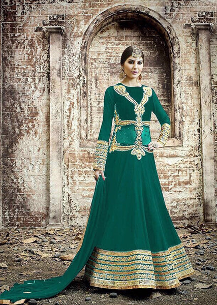 GREEN SAFEENA HOT LADY EMBROIDERED ANARKALI SUIT - Asian Party Wear