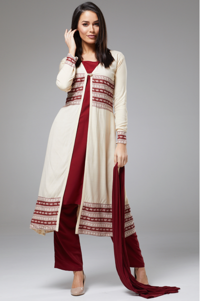 ZAC-701 Cream Maroon Cape Jacket Dress Suit - Asian Party Wear