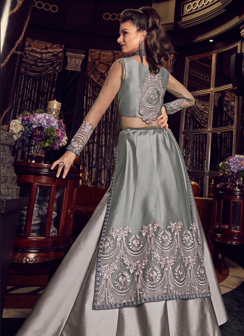 silver anarkali dress Andaaz Fashion Women's Light Grey Silver Zari Embroidered Organza Bridal Anarkali Salwar Suit