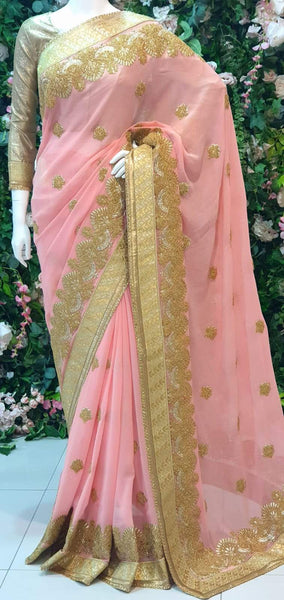 CORAL PINK DESIGNER READYMADE WEDDING SAREE - Asian Party Wear