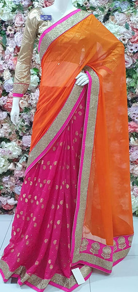 ORANGE PEEL AND HOT PINK MEHNDI WEDDING WEAR SAREE - Asian Party Wear